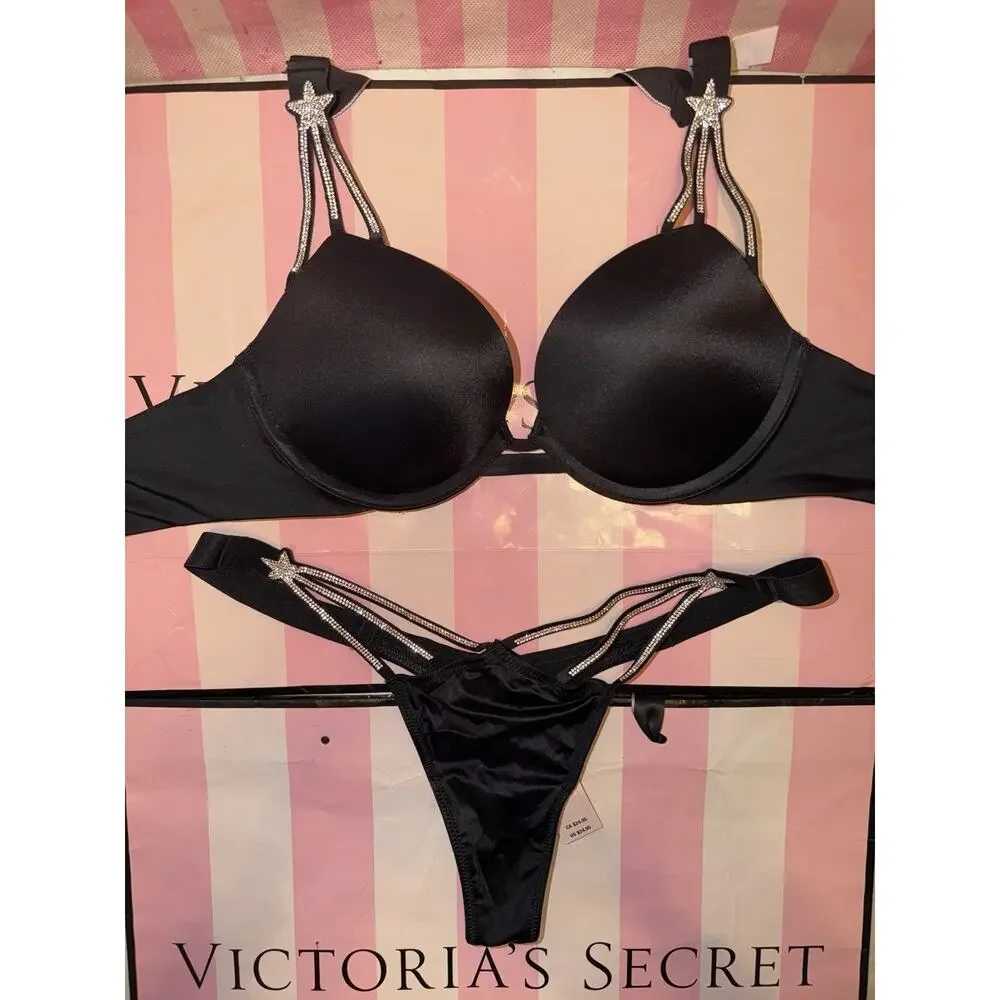 Victorias Secret Bra Push Up Shine Strap Shooting Star 32B Small Thong Black - Picture 5 of 8